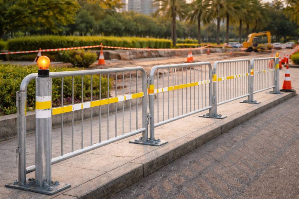 Urban park construction site with barriers